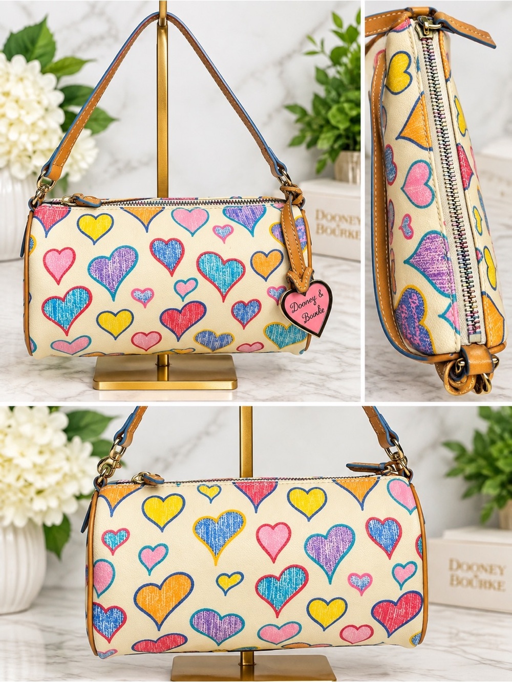 Dooney & Bourke Cream Shoulder Bag with Multicolor Heart Print Barrel mini